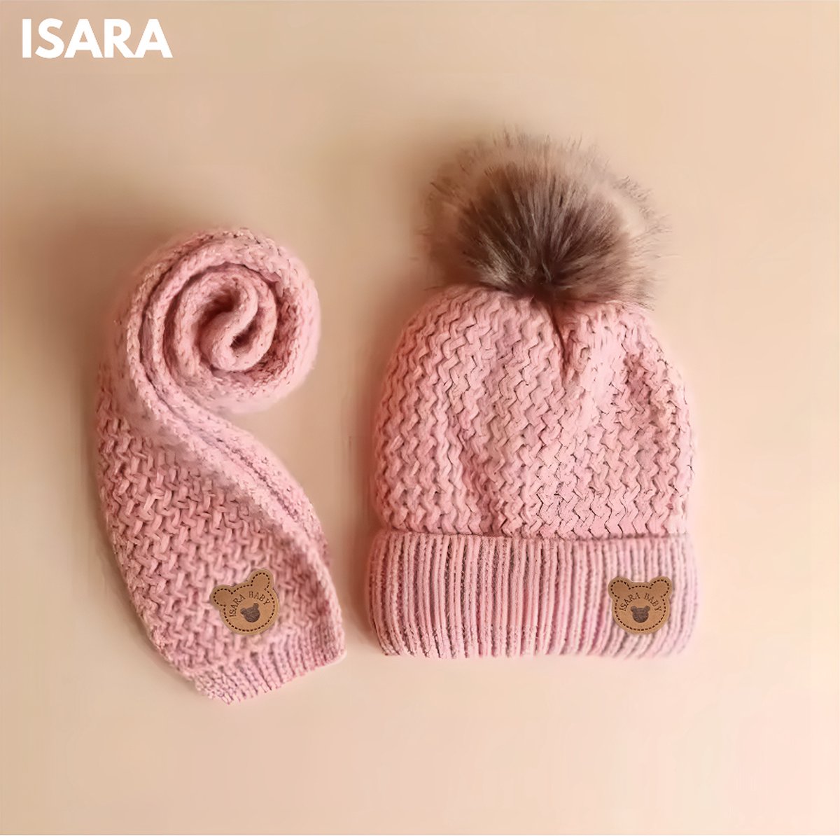 ISARA Baby Muts & Sjaal Set – Roze – Winter – Babymutsje – Wol – 0 tot 6 Jaar – Kindermuts