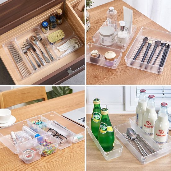Lot De 16 Organisateurs De Tiroir En Plastique Transparent - 4 Tailles - Pour Bureau, Salle De Bain, Cuisine Organisateur De Tiroir