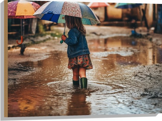 Hout - Meisje - Regen - Laarzen - Paraplu - Plas - 80x60 cm - 9 mm dik - Foto op Hout (Met Ophangsysteem)