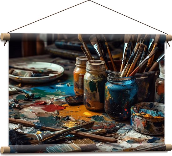 Textielposter - Tafel - Verf - Kwasten - Schilderen - Verven -Kunst - Kleuren - 60x40 cm Foto op Textiel