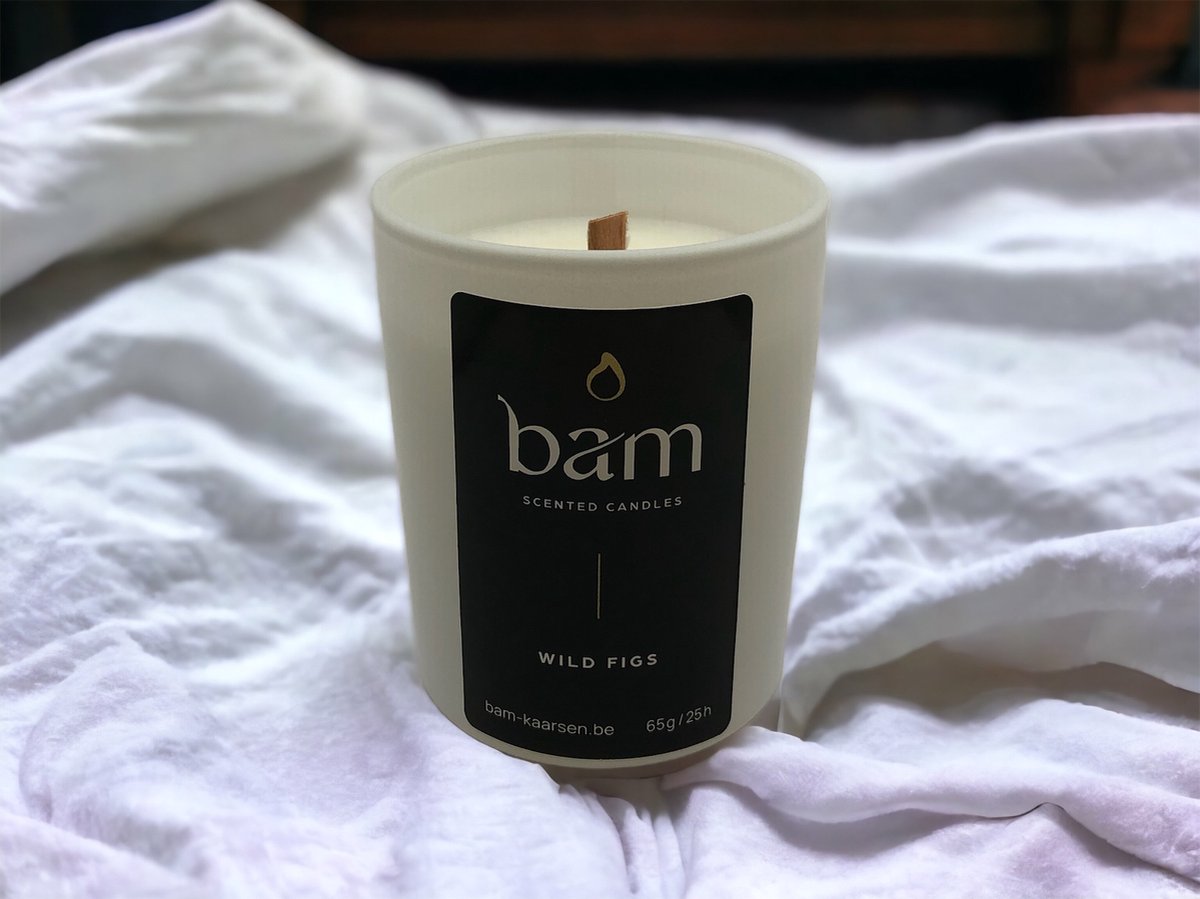 BAM Mini Wilde Vijgen Geurkaars – Fig Kaars met Houten Wiek – Vegan Geurkaars van Zonnebloemwas – 25 Branduren – Handgemaakt in België