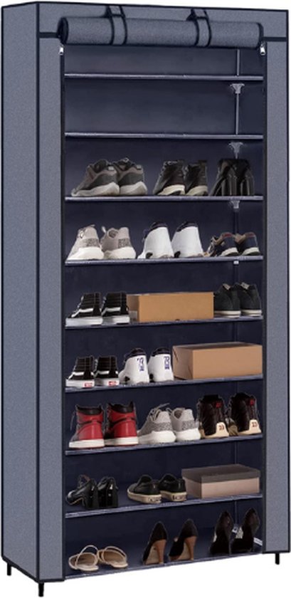 Meuble à chaussures à 9 niveaux - 45 paires de Chaussures pour femmes - Étagère à chaussures en tissu - 88x28x160cm avec couvercle - Grijs