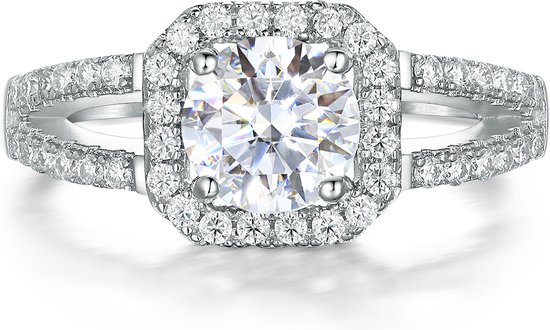 Evora - Platinum Moissanite Ring met Split- PlatinumShank in Halo Zetting