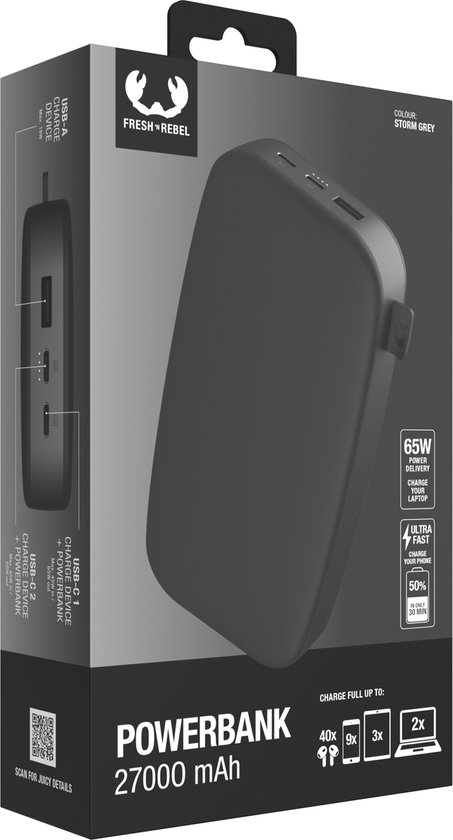 Verpakking van een donkergrijze Fresh 'n Rebel powerbank (27000 mAh) met grafische weergave van functies.