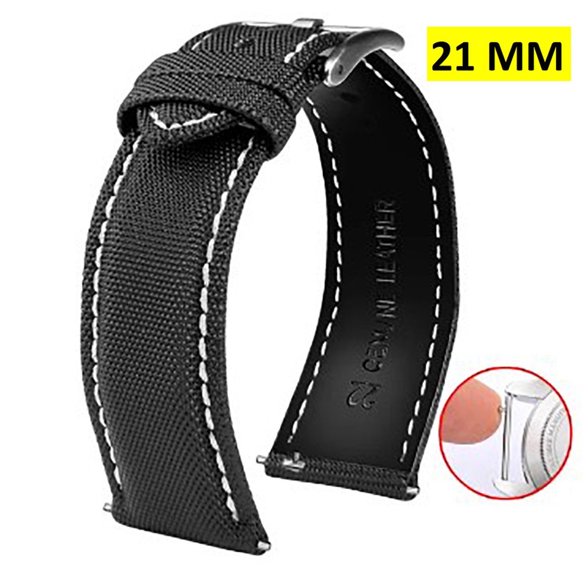 Nylon Horlogeband - Roestvrij Staal - Horlogeband - Zwart Wit - 21MM