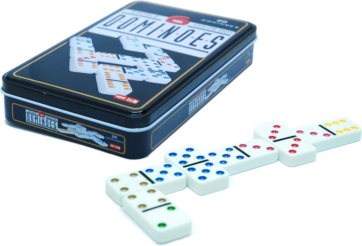 Domino Dubbel 6 – 28 Stenen met Gekleurde Ogen – Compact Blik – Klassiek Spel voor Thuis – Strategisch Familiespel - Engelhart — afbeelding 7