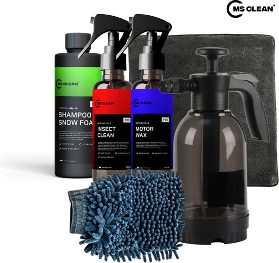 MS CLEAN MotorSchoonmaken.nl Starterset - Foamer Shampoo Foam Motor Wax Insectenreiniger Washandschoen – 6 stuks