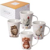 Koffiekopjes met prachtige dierenmotieven - Keramische koffiemokken - Uil, Eekhoorn, Gans en Kip motieven - Cadeau voor dierenliefhebbers - Set van 4
