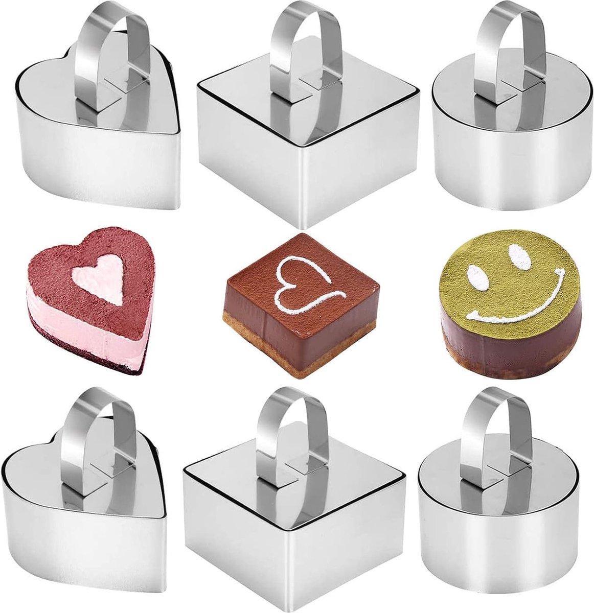 Cake Ring, Pack of 6 Dessert Rings, 2 Round Shapes, 2 Square Shapes, 2 Heart Shapes, Thickened Stainless Steel Cake Ring Mould for Dessert Pastry Mousse