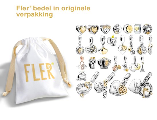 Fler® bedel in originele verpakking met diverse zilveren en gouden bedeltjes.