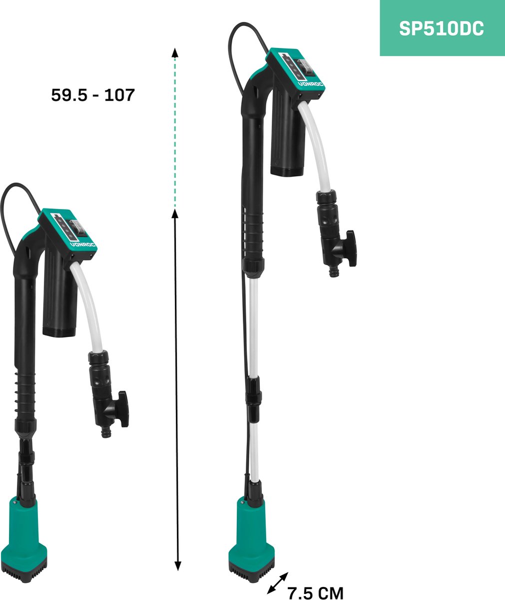 VONROC Regentonpomp 12V met accu - 50W - 1500 lt/u - met droogloopbeveiliging - universele tuinslangkoppeling - inclusief accu en oplader – foto 3