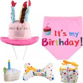 5-delig honden verjaardagspakket met hoed en bandana roze en 3 speeltjes - hond - huisdier - verjaardag - hoed - bandana