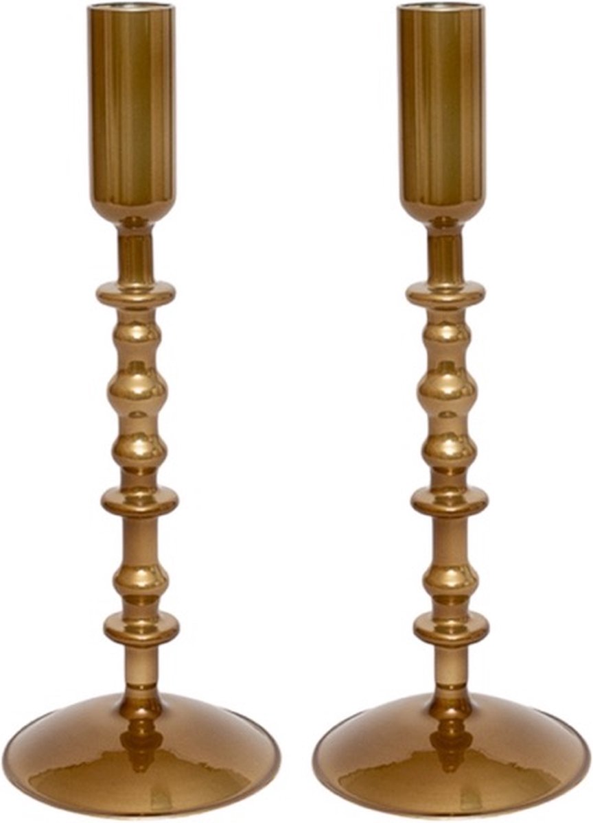 WinQ! -Kandelaar glas 10x10x29cm - 2Stuks - Kaarsenhouder Metallic Koper geschikt voor dinerkaars - woonkamer decoratie-cadeau