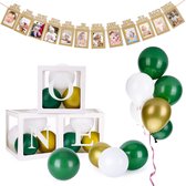 34-delige set One groen wit goud met 3 ballonblokken, 30 ballonnen en 1 milestone slinger - 1 - verjaardag - cakesmash