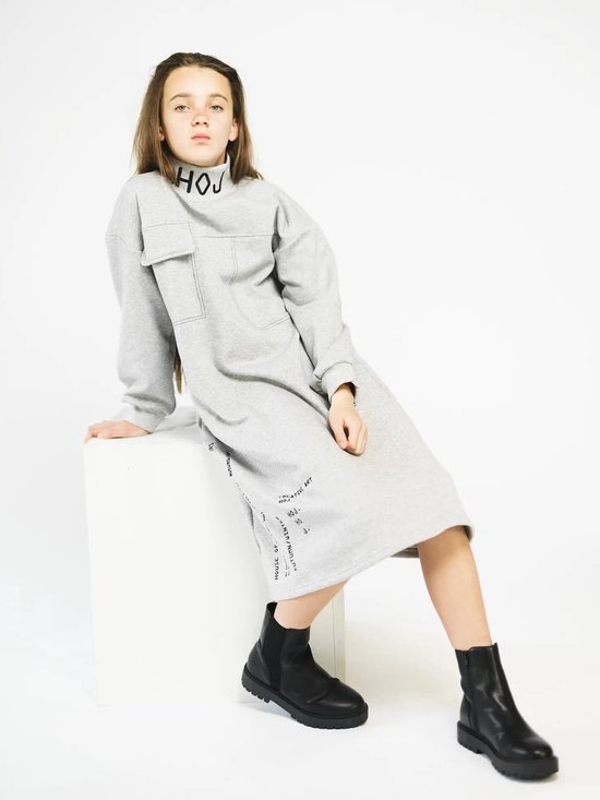 HOJ Grijze Pullover jurk met hoge hals kinderkleding jurk trui streetstyle grijs winter herfst meiden meisje maat 140/146