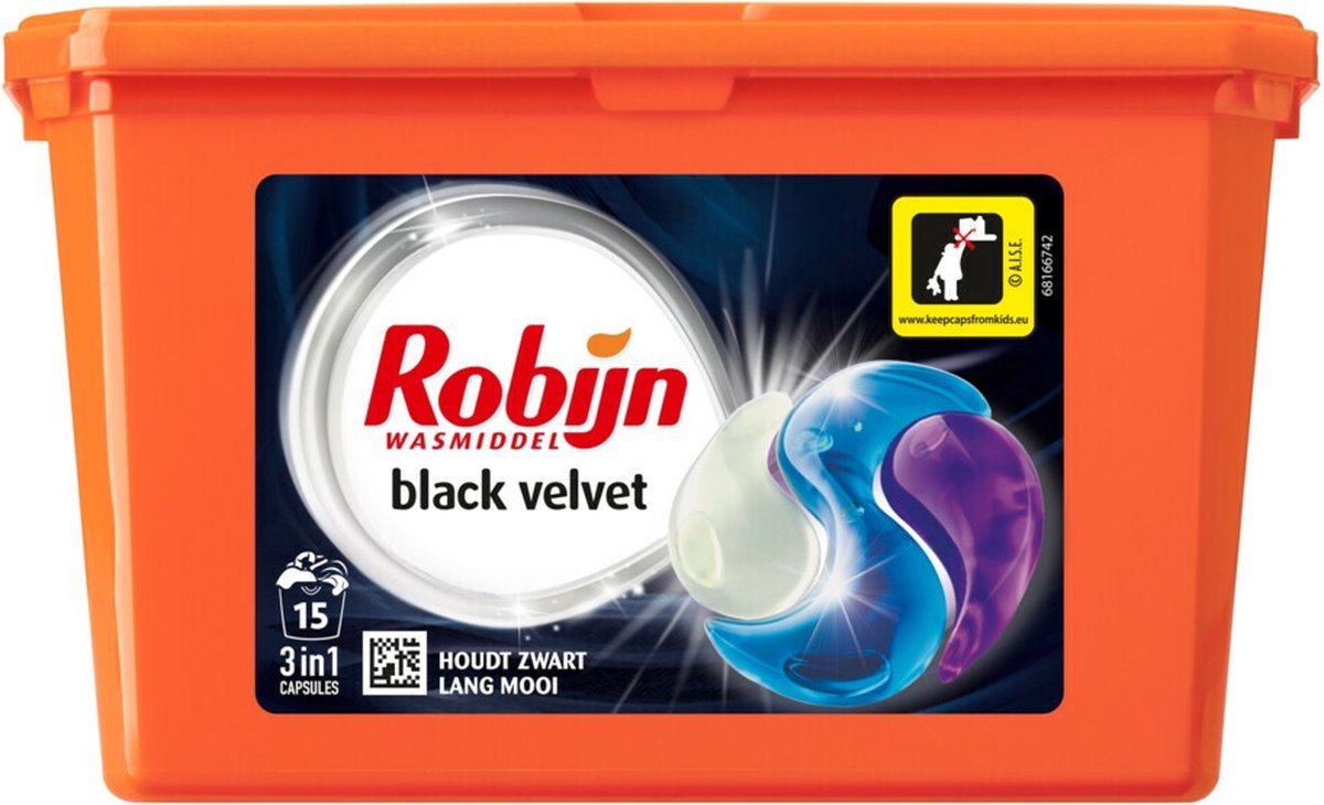 Goedkoopste Robijn Wascapsules 3-in1 Black Velvet 15 stuks - Voordeelverpakking 24 stuks