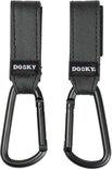 Twee zwarte buggyhaken met klittenband en 'Dooky' logo. Karabijnhaken onderaan.