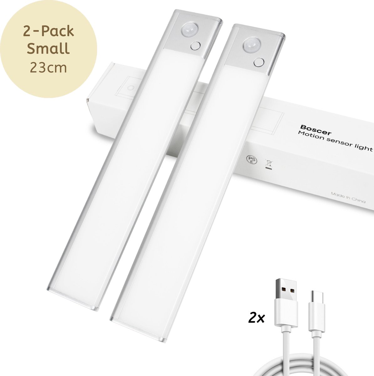 Boscer Led Lamp - 23 CM - 2-Pack - Bewegingssensor - Lichtsensor - Magnetisch Ophangbaar - USB-C Oplaadbaar - Trapverlichting - Keukenlamp - Nachtlamp - LED Strip