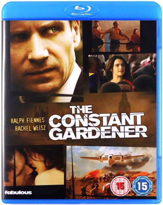 Blu-ray hoes van "The Constant Gardener" met Ralph Fiennes en Rachel Weisz. Bevat close-ups van de acteurs en scènes uit de film.