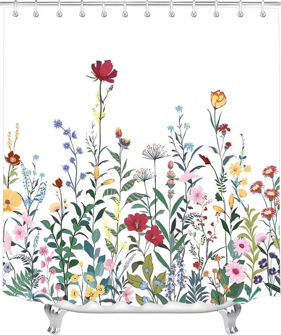 Rideau de douche 180 x 200 cm Fleurs Plantes Zoom lesté Anti-moisissure Textile Hydrofuge Lavable Tissu Polyester Rideaux de bain pour salle de bain, baignoire avec 12 Anneaux de rideau de douche.
