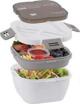 Saladecontainer met 3 compartimenten, lekvrije lunchbox, saladebox om mee te nemen voor kinderen en volwassenen, bento box met vork en mes voor school, picknick, werk, reizen, 1700 ml (wit)