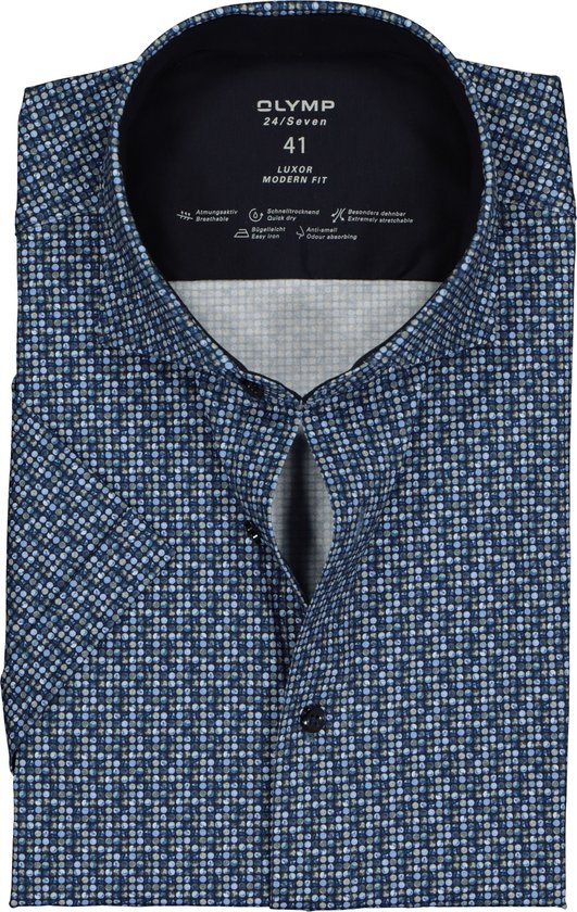 OLYMP Luxor modern fit overhemd 24/7 - korte mouw - blauw tricot dessin (contrast) - Strijkvriendelijk - Boordmaat: 40