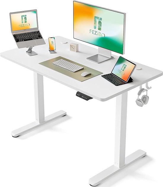 Bureau, in hoogte verstelbaar, elektrisch, 100 x 60 cm, sta-bureau met geheugenbesturing en anti-botsingstechnologie, wit frame/wit oppervlak
