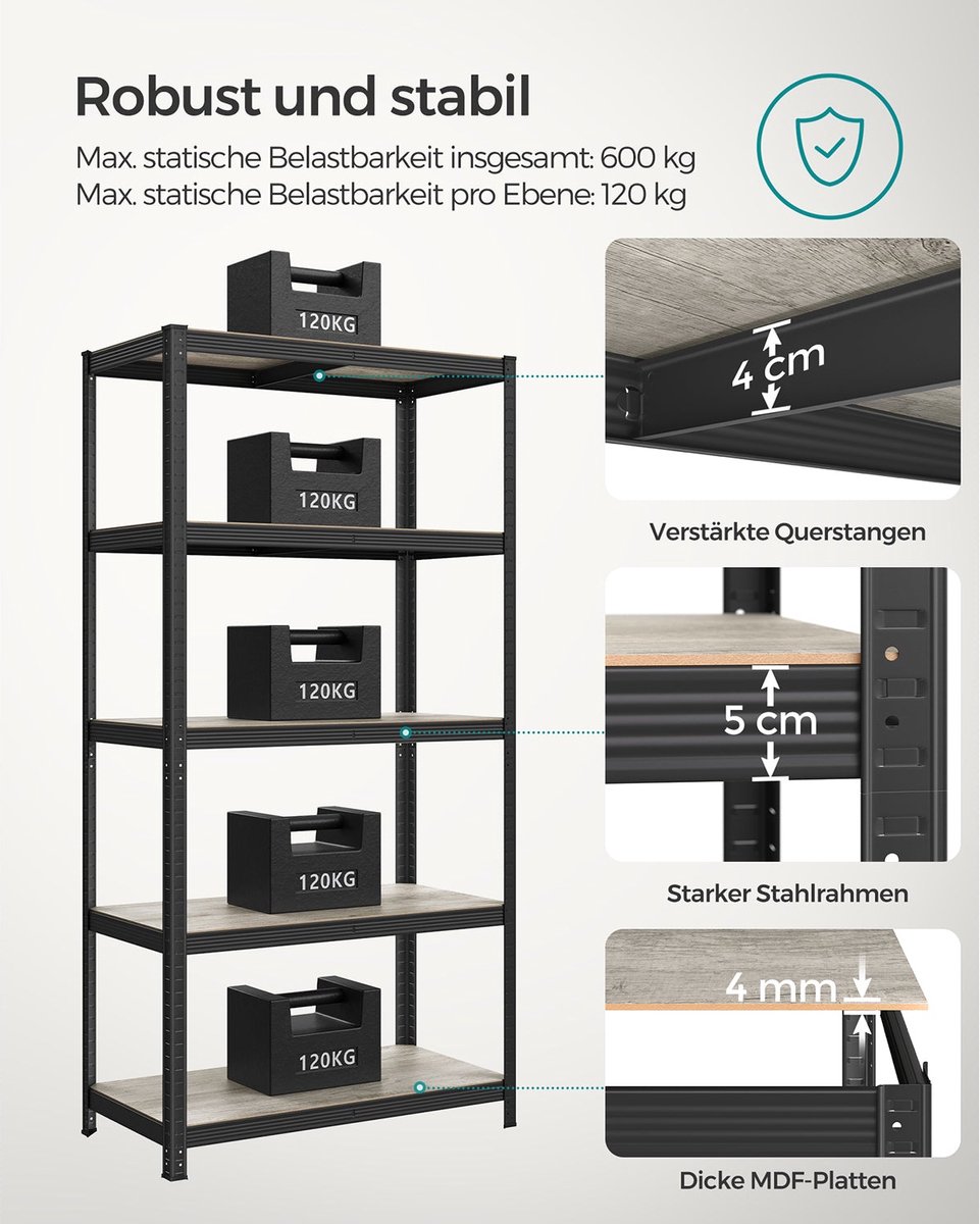 Verstelbaar opbergrek met 5 planken 50 x 100 x 200 cm Grijs-zwart