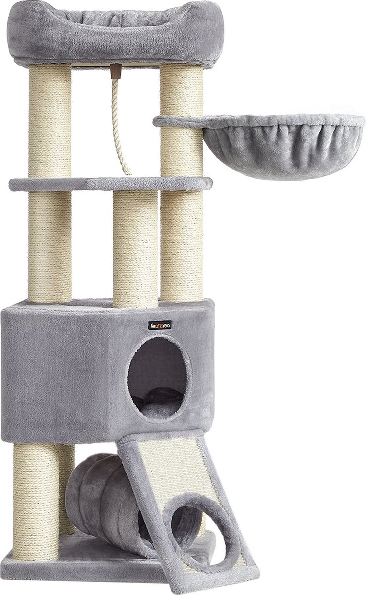 Feandrea Grote Kattenboom, M Kattenboom, met Grot, Hangmat, Pluche Platform, Tunnel, Sisal Stammen, Krasplank, 50 x 50 x 141 cm, lichtgrijs-natuur PCT002N01