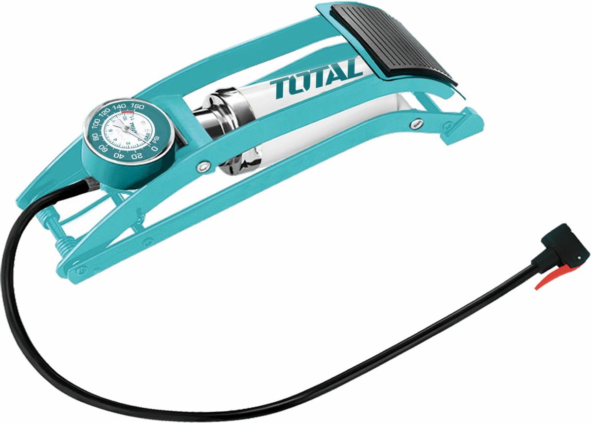 Total Fietspomp voetpomp - metaal - zilver/blauw - manometer - met ventieladapter