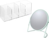 Spirella Make-up organizer en spiegel set - 4 vakjes - plastic/metaal - 5x zoom spiegel - mintgroen/transparant