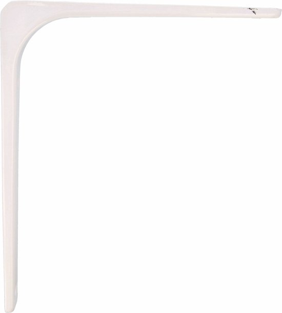 Équerre de tablette blanche en métal avec un bras courbé.
