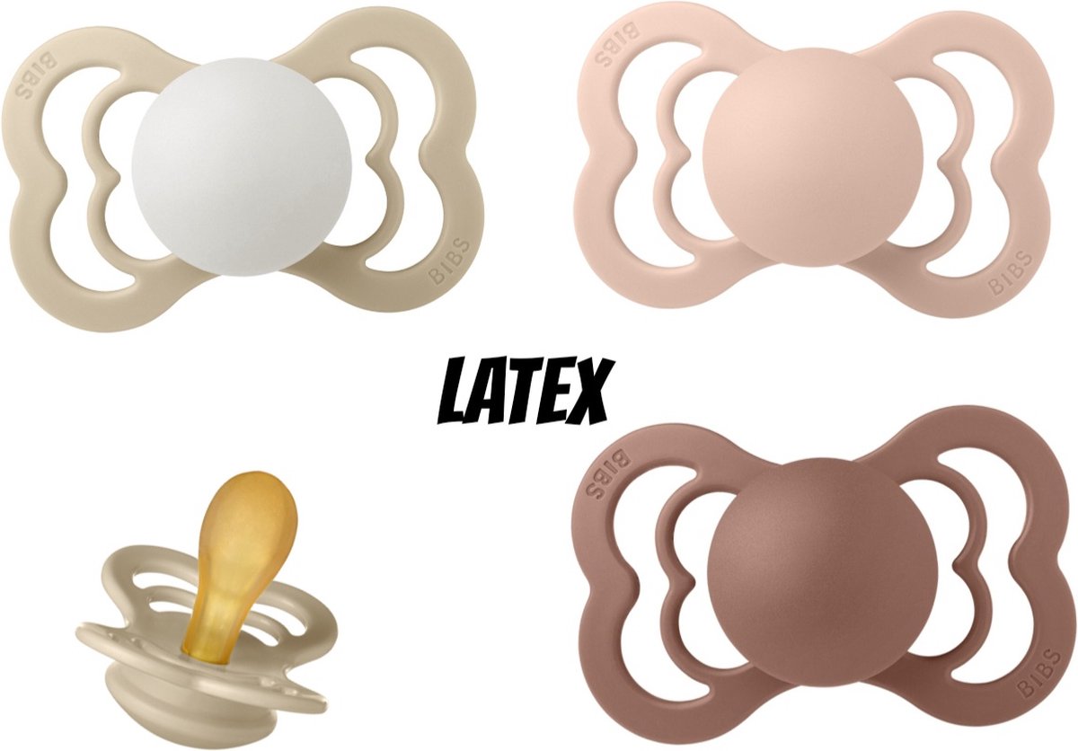 Goedkoopste Bibs Supreme Latex fopspeen 0-6 maand 4 stuks Blush,Woodchuck,Vanilla en Vanilla Night Glow maat 1