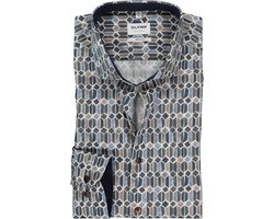 OLYMP Level 5 body fit overhemd - blauw met bruin en wit dessin (contrast) - Strijkvriendelijk - Boordmaat: 40