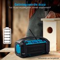 Draagbare radio met blauwe en zwarte details en een batterij-indicator van vier segmenten.