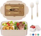 Lunchbox voor volwassenen en kinderen, Bento Box, broodtrommel, 1400 ml, met 3 vakken, incl. bestek, de snackbox is geschikt voor magnetrons en vaatwassers, voor school, werk, picknick en op reis, kaki + sausbakje