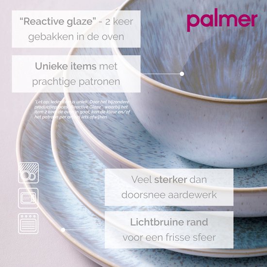 Stoneware borden en kommen van Palmer met reactive glaze, lichtbruine rand en technische gebruiksinstructies.