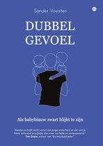 Boekcover van 'Dubbel Gevoel' met blauwe achtergrond, titel en een illustratie van een man met twee kinderen.