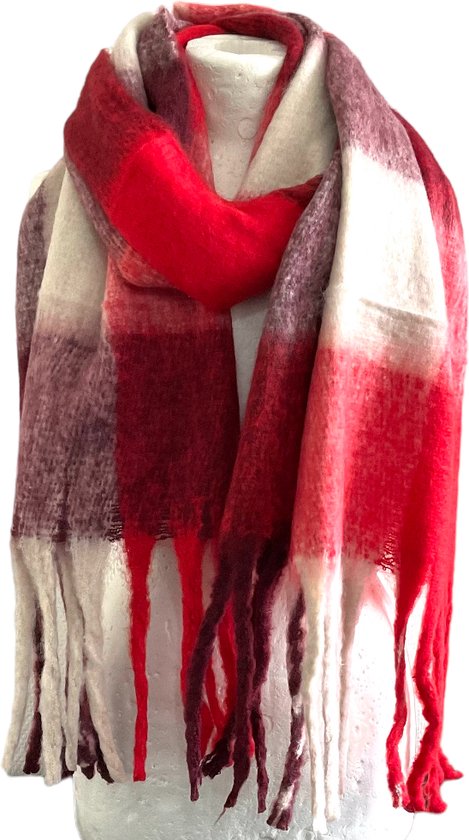 Warme Sjaal - Dikke Kwaliteit - Geblokt - Rood - 220 x 52 cm (999134#)