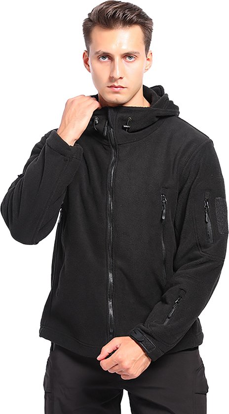 CALIYO Fleece Jas - Jassen Heren Winter - Outdoorjas met Muts - Winddicht Gevoerd - Polar Fleece Voering - Zwart/XL