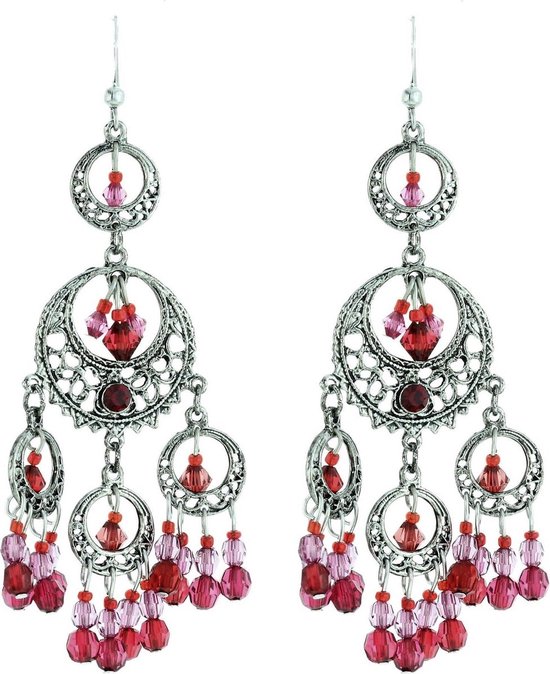 Behave Vintage boucles d'oreilles rondes argentées avec perles roses et rouges