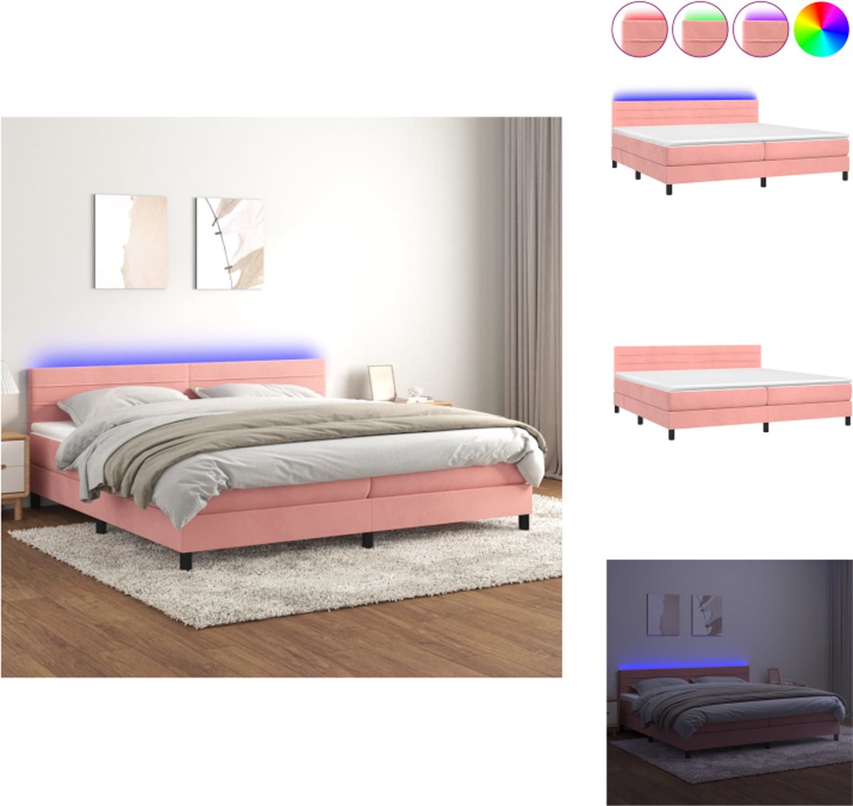 VidaXL Boxspring Bed Fluweel LED Pocketvering Topmatras Roze 203 x 200 x 78 88 cm Bed