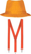 Carnaval verkleed set - hoedje en bretels - oranje - dames/heren
