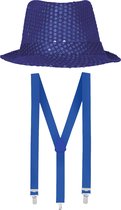 Toppers - Carnaval verkleed set - hoedje en bretels - blauw - dames/heren