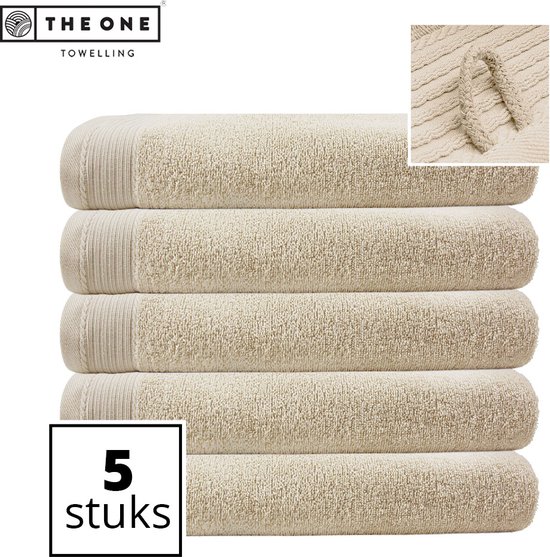 Pile de 5 serviettes beiges avec une texture de boucle détaillée et un cadre indiquant '5 stuks'.