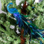 Kerst faux pauwornamenten- 2 stuks- Blauw- Chique blauw lange staart veren pauwornamenten-Bruiloft- Kerstversiering