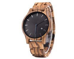 HO23-B09.2 - Zebra houten heren horloge, band houten schakels, dag-cijfer, horlogesluiting ** KADO edelsteen armband