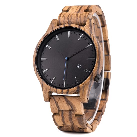 HO23-B09.2r - Zebra houten horloge, band houten schakels, dag-cijfer, horlogesluiting ** KADO edelsteen armband