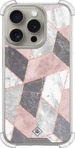 Casimoda® hoesje - Geschikt voor iPhone 15 Pro - Stone grid marmer / Abstract marble - Shockproof case - Extra sterk - TPU/acryl - Roze, Transparant