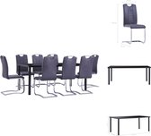vidaXL Eetset Tuin - Zwart - 180 x 90 x 75 cm - Gehard glas en metaal - 8x Grijze tuinstoel - Kunstsuède - Staal - Set tafel en stoelen